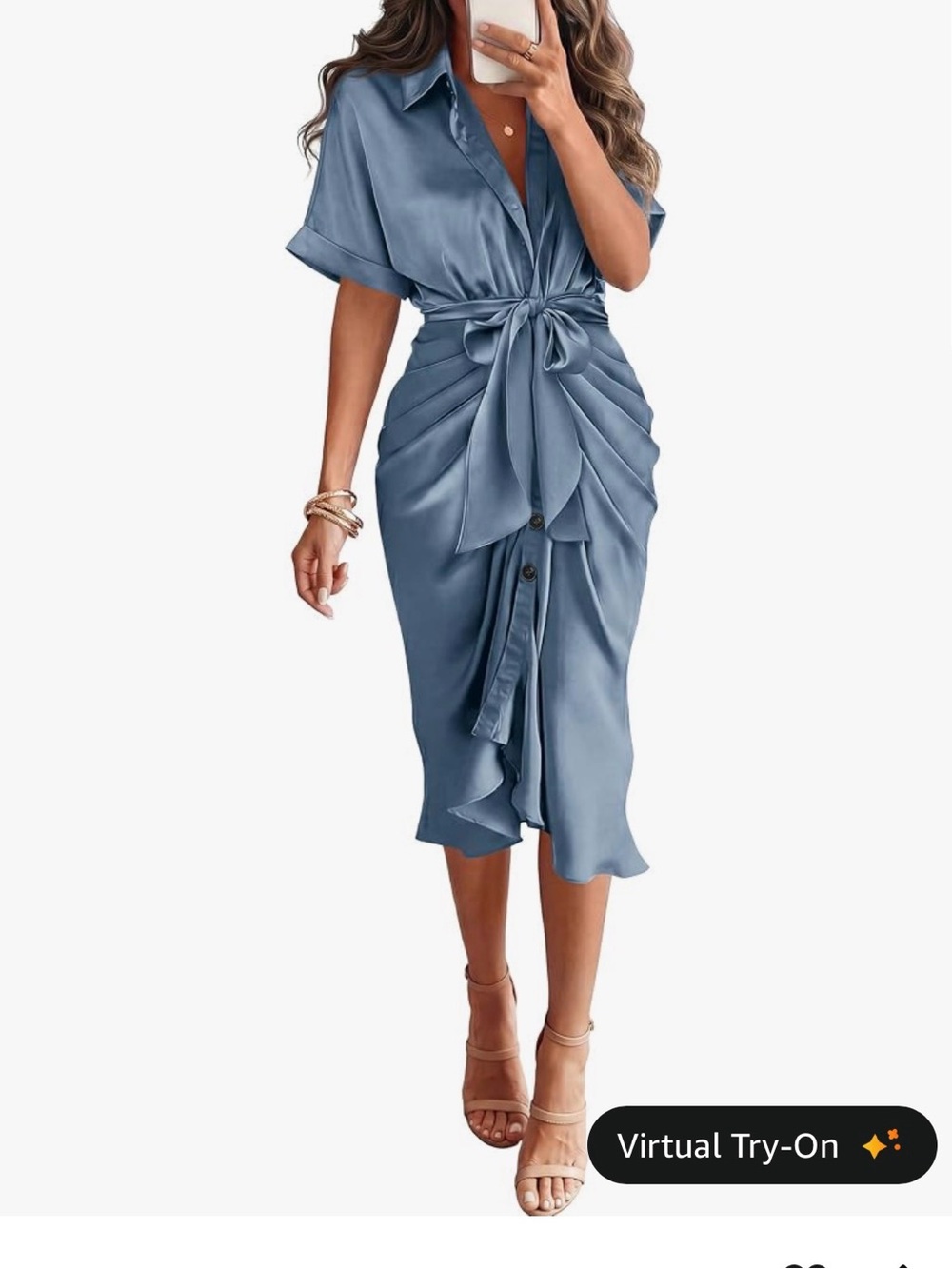Satin Tie-Waist Shirt Dress in Dusty Blue